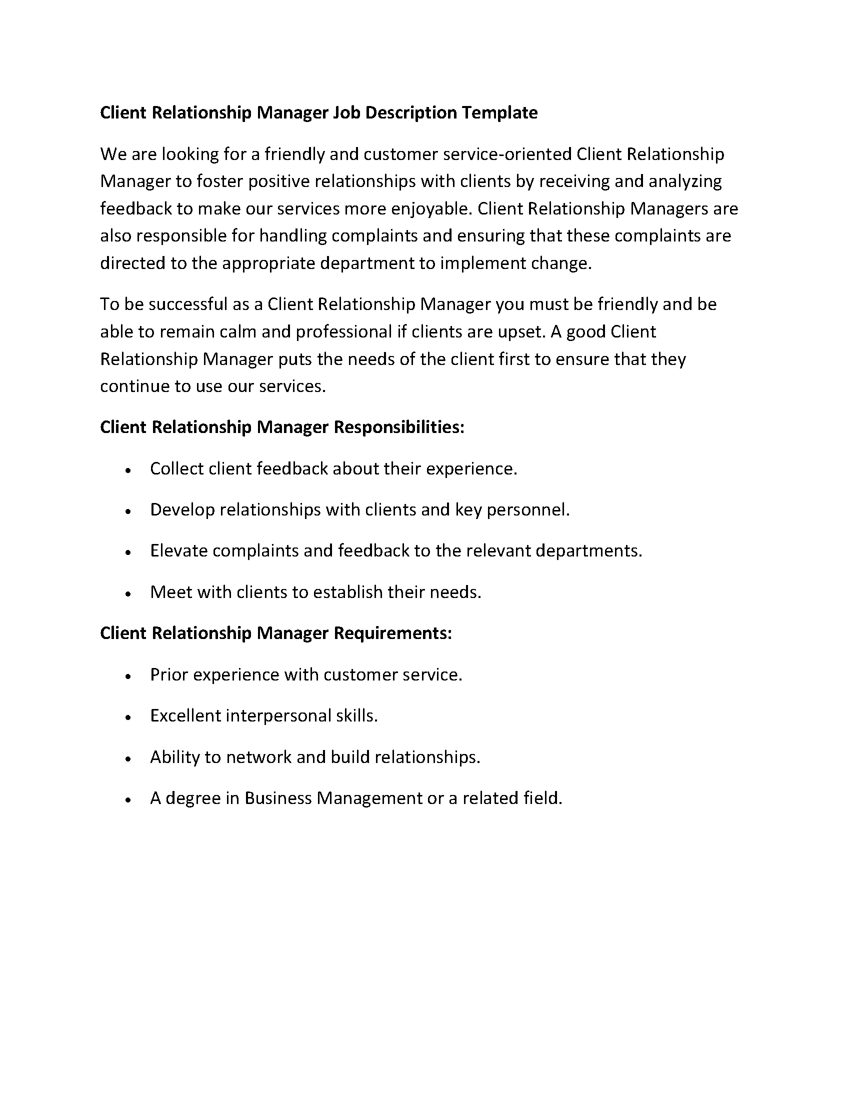 Client Relationship Manager Job Description Template